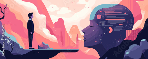 Futuristic human and ai collaboration with dreamy landscape background - vector.