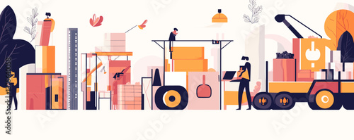 Warehouse logistics and inventory management with workers and equipment vector.