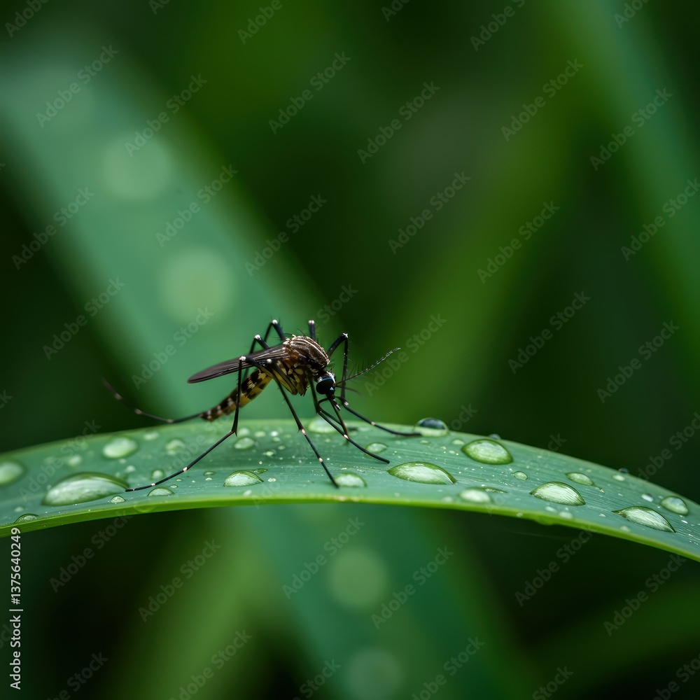 Naklejka premium Mosquito on DewCovered Leaf.