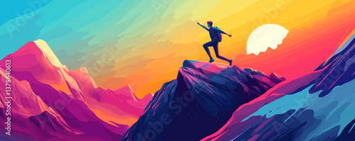Vibrant mountain hiker at sunset on rocky peak with colorful sky - vector.