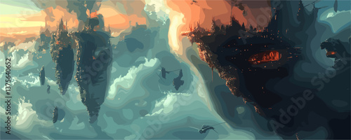 Surreal floating cityscape with dragons in vibrant skies, fantasy landscape - vector.