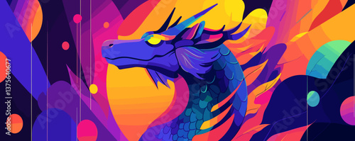 Colorful dragon with vibrant background in fantasy art design, vector.