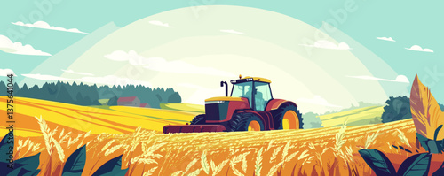 Red tractor in golden wheat field under clear blue sky, agricultural landscape vector.