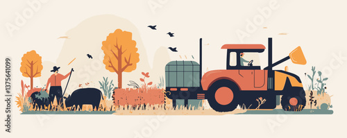 Autumn farming scene with tractor and farmers in countryside landscape - vector.