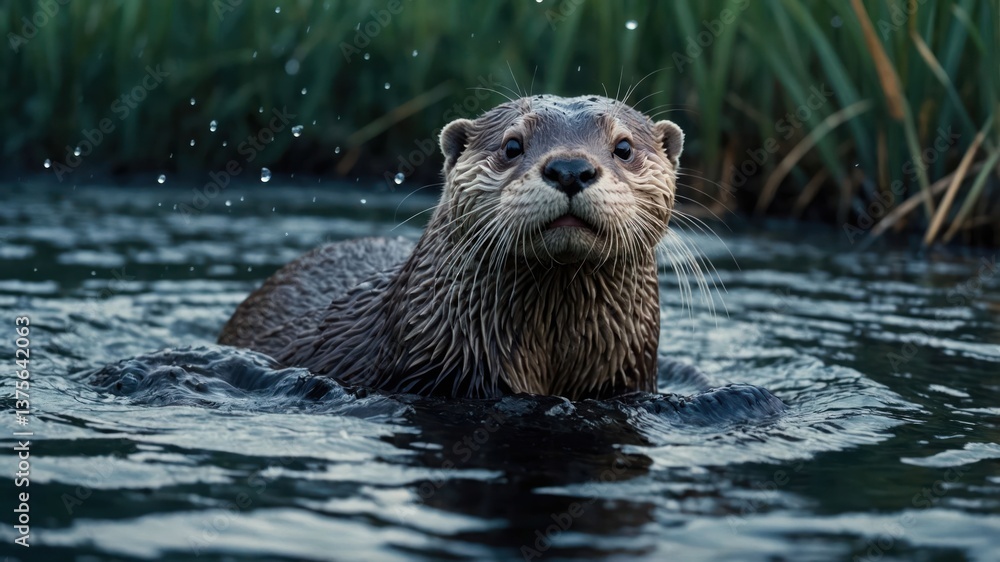 Otter Swimming in River Water Close Up with Water Droplets Otter Swimming in River Water Close Up with Water Droplets