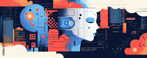 Futuristic ai design with human face and tech elements in cityscape background - vector.
