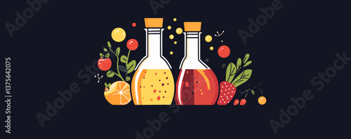 Colorful bottles of oil and vinegar with fresh ingredients - vector.