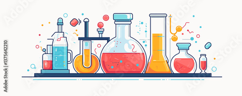 Colorful laboratory equipment with various beakers and flasks on display - vector.