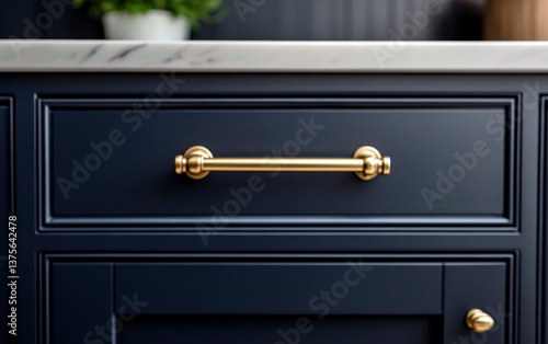 Close Up of Stylish Blue Kitchen Cabinet with Gold Hardware Detail