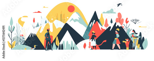People hiking in vibrant mountain landscape with animals and trees - vector.