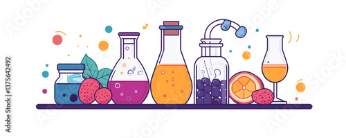 Assorted colorful beverage bottles with fruits and bubbles against white background, vector.