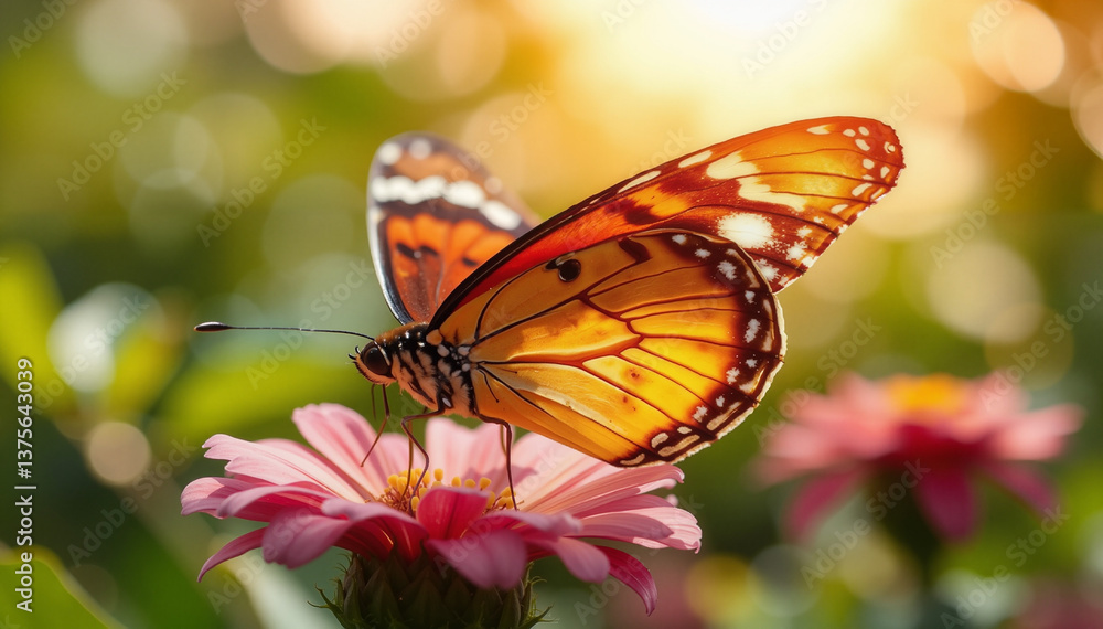 Colorful butterfly resting on pink flower in a blooming garden Colorful butterfly resting on pink flower in a blooming garden