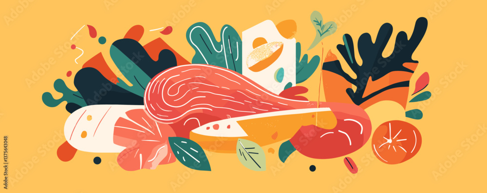 Obraz premium Abstract culinary shapes: colorful ingredients and utensils on yellow background - vector.