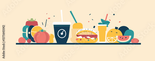 Colorful fast food and beverages arrangement with fruits and vegetables - vector.