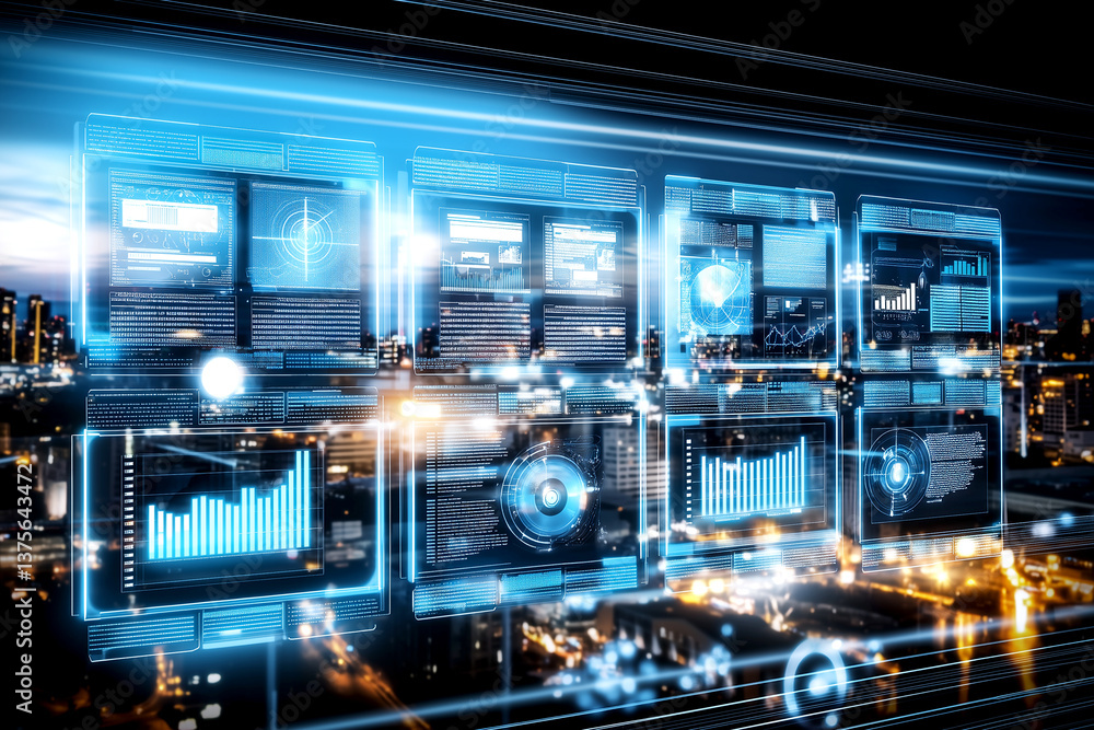 Computer screen displays a cityscape with multiple windows and icons. Concept of technology and urban life, with the various windows and icons representing the many tasks Computer screen displays a cityscape with multiple windows and icons. Concept of technology and urban life, with the various windows and icons representing the many tasks