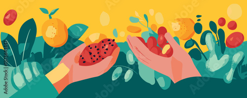 Hands holding fresh fruit in vibrant garden with tropicals and foliage - vector.