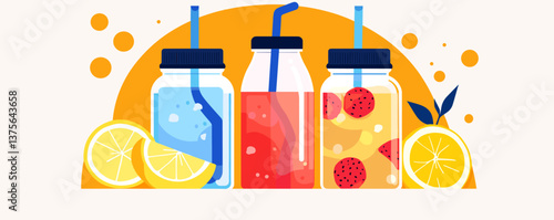 Assorted drinks in jars with fruits and straws against orange background, summer beverage vector.