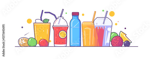 Colorful assortment of refreshing fruit drinks and juices with straws and bubbles - vector.