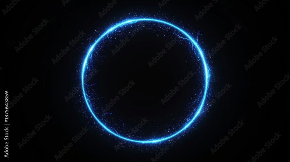 Circles of futuristic glowing blue holograms with lightning and plasma portals set against a black digital abstract background Circles of futuristic glowing blue holograms with lightning and plasma portals set against a black digital abstract background