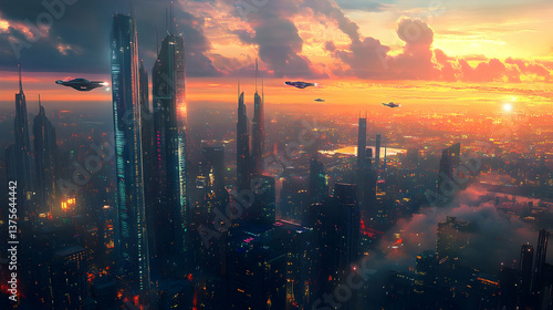 Wallpaper Mural A futuristic metropolis basks in the fiery glow of a breathtaking sunset, with sleek skyscrapers piercing the clouds and flying vehicles soaring through the vibrant sky. Torontodigital.ca