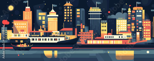 Night cityscape with boats and illuminated skyline, urban waterfront scene - vector.
