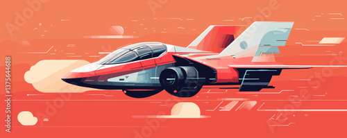 Futuristic spaceship in flight amidst clouds on mars-inspired background, vector.
