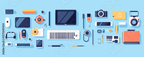 Modern gadgets and stationery on blue background, digital art vector.