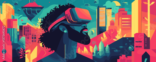 Futuristic man wearing vr headset in colorful abstract cityscape background - vector.