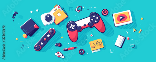 Retro gaming controller and gadgets on teal background vector.