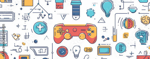 Colorful gaming controller and technology icons pattern background – vector.