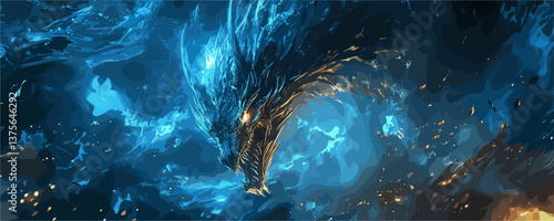 Fierce blue dragon in fiery storm with glowing eyes, fantasy art vector.