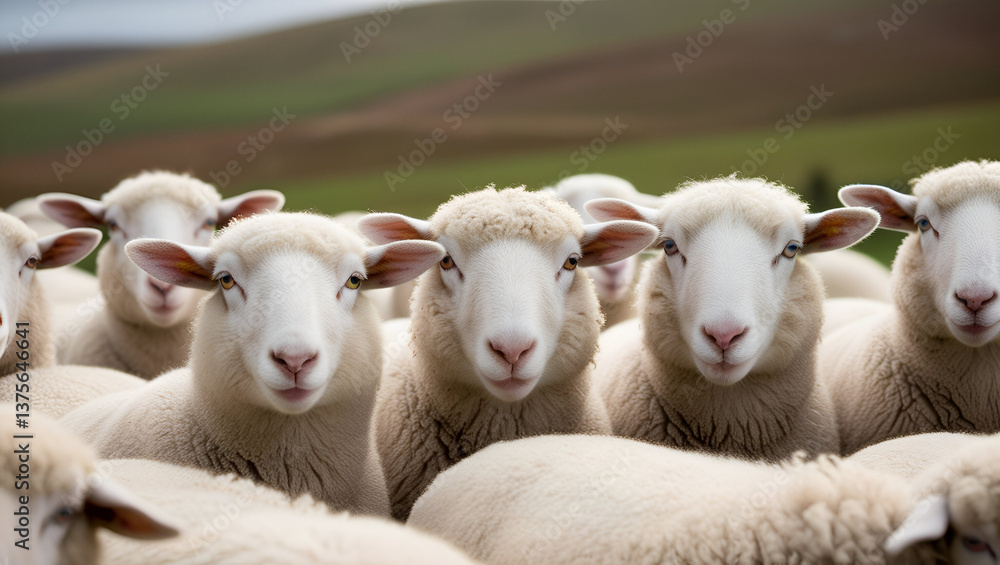 Fototapeta premium Close Up View of a Flock of Fluffy White Sheep 