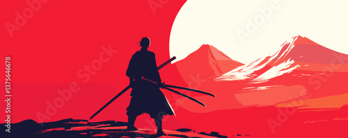 Samurai silhouette with swords against red sun and mountains vector.