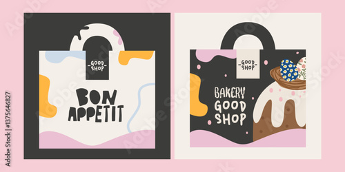 Festive cute packaging for Easter cake or sweet. Package template. Paper bag design for bakery food. Spring vector elements, Easter cake, egg, daisies