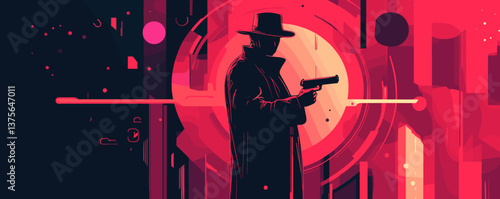 Mysterious silhouette of gunman against futuristic abstract background in pink and black vector.