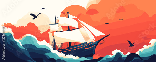 Sailing ship in stormy seas with vibrant sky and birds illustration – vector.