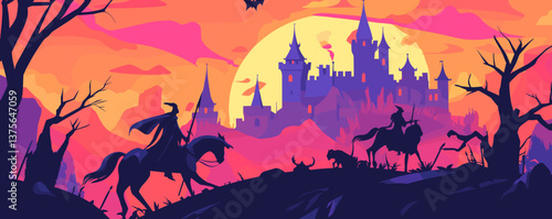Medieval castle at sunset with dark riders and silhouetted trees - vector.