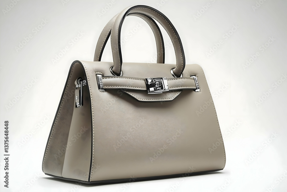 Taupe Leather Handbag with Silver Clasp on White Background Taupe Leather Handbag with Silver Clasp on White Background