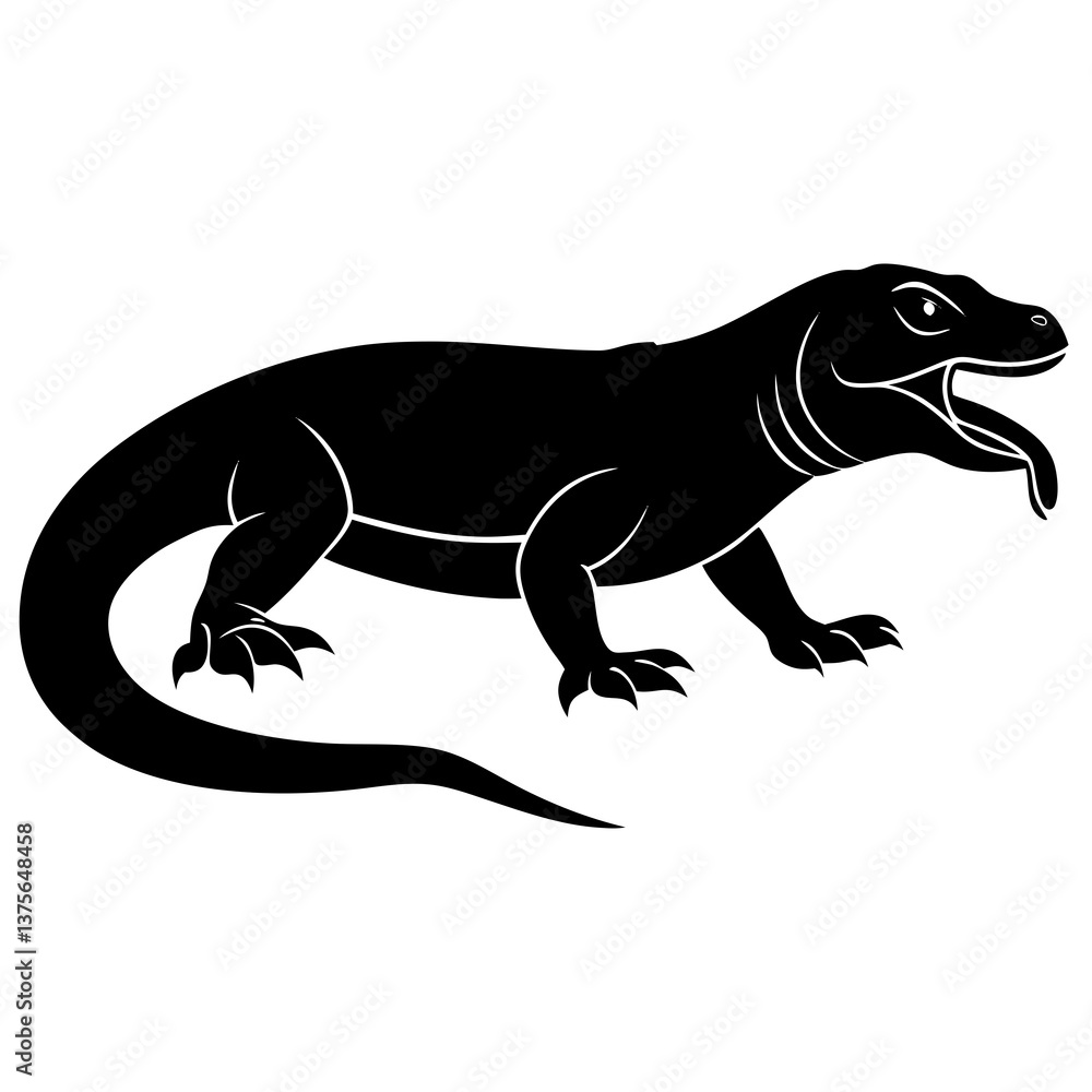 A vector silhouette of a komodo dragon stalking forward, its tongue flicking out A vector silhouette of a komodo dragon stalking forward, its tongue flicking out
