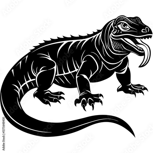 A vector silhouette of a komodo dragon stalking forward, its tongue flicking out