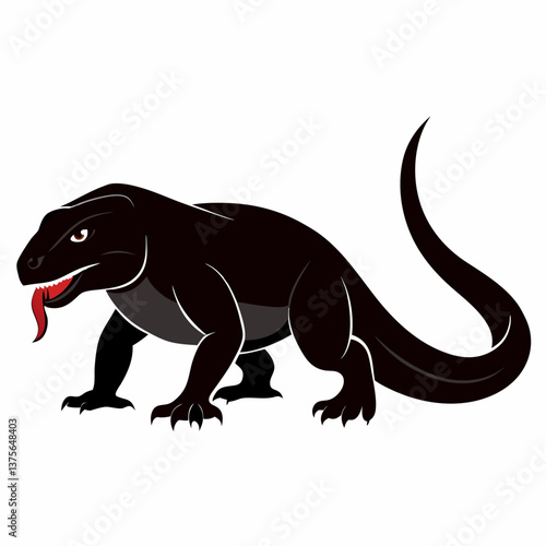 A vector silhouette of a komodo dragon stalking forward, its tongue flicking out