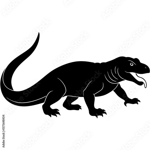 A vector silhouette of a komodo dragon stalking forward, its tongue flicking out