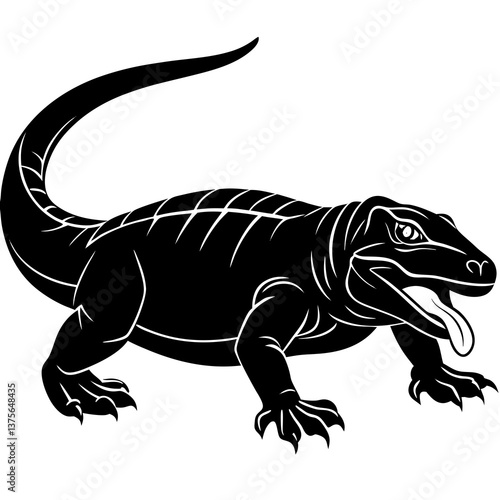 A vector silhouette of a komodo dragon stalking forward, its tongue flicking out