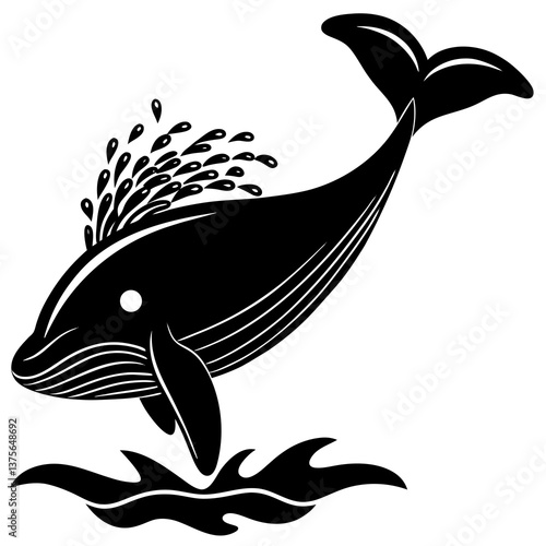 A vector silhouette of a whale spouting water from its blowhole,  