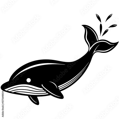 A vector silhouette of a whale spouting water from its blowhole,  