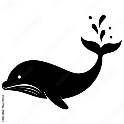 A vector silhouette of a whale spouting water from its blowhole,  