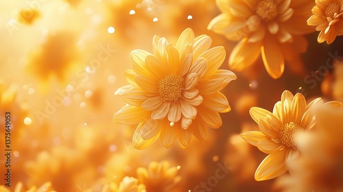 Golden daisies bloom in a field, bathed in warm sunlight and bokeh lights. Use it for springtime, floral, or positive concepts like joy and happiness.