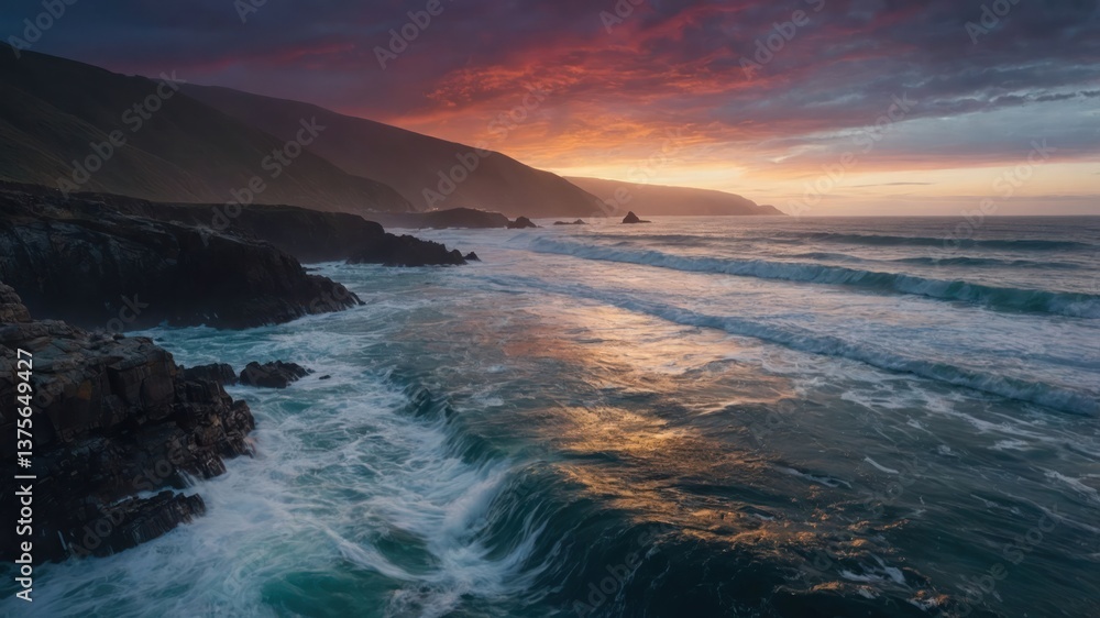Fototapeta premium Ocean Waves Crashing on Rocky Coastline Under Dramatic Sunset Sky
