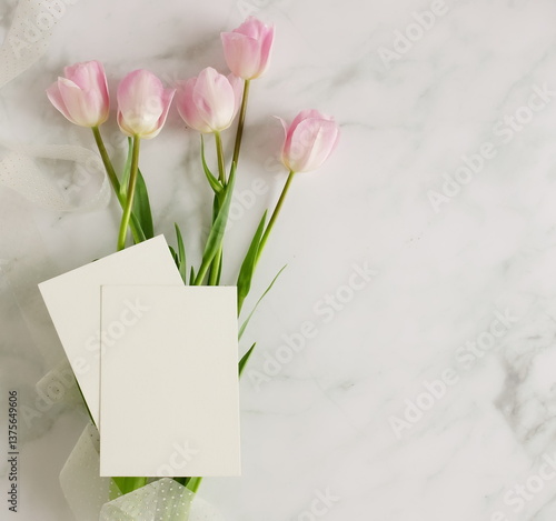 Wallpaper Mural Greeting cards mockup and pink  tulip  flowers on white marble background top view flatlay. Blank mock up with copy space. Torontodigital.ca