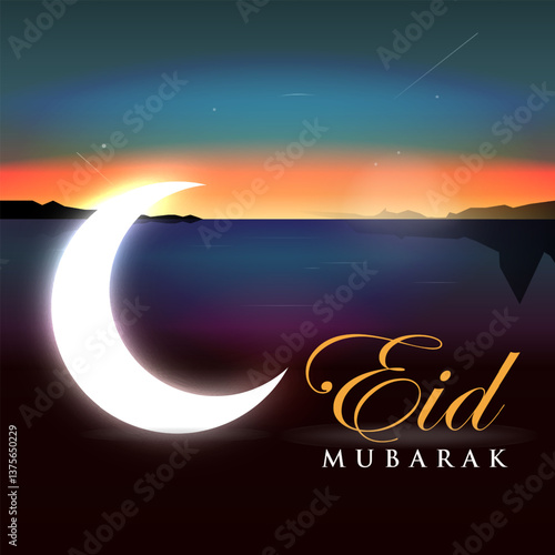 Islamic holiday banner template, crescent moon decoration hanging over circular water basin. Concept of faith and belief. Translation: Eid Mubarak